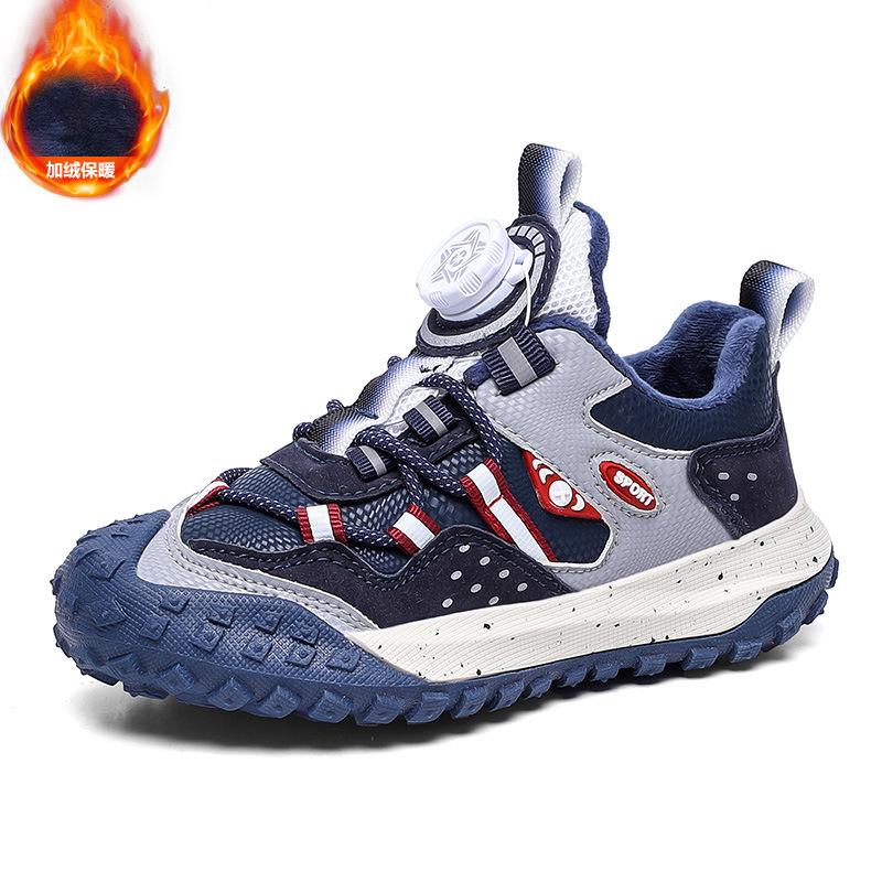 Детская обувь, спортивная обувь 2025 зима новая двуххлопковая теплая кожаная поверхность водонепроницаемая для детей среднего и старшего возраста вращающаяся кнопка нескользящая
