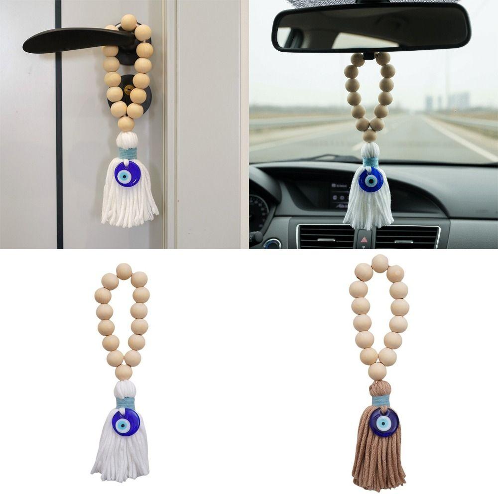 Handmade Wooden Bead Pendant 22cm Rearview Mirror Pendant Retro Tassel Pendant