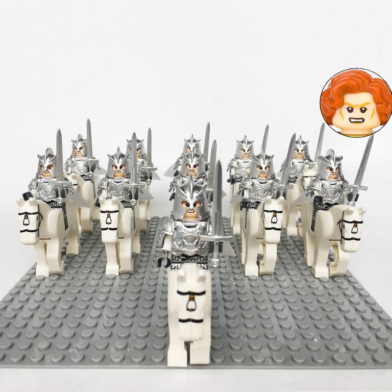 Medieval Knights Castle Cavalry Rohan Soldiers Guard Army Lotr Cavalier With Weapon Armor Helmet Shield and Horse Figure Blocks