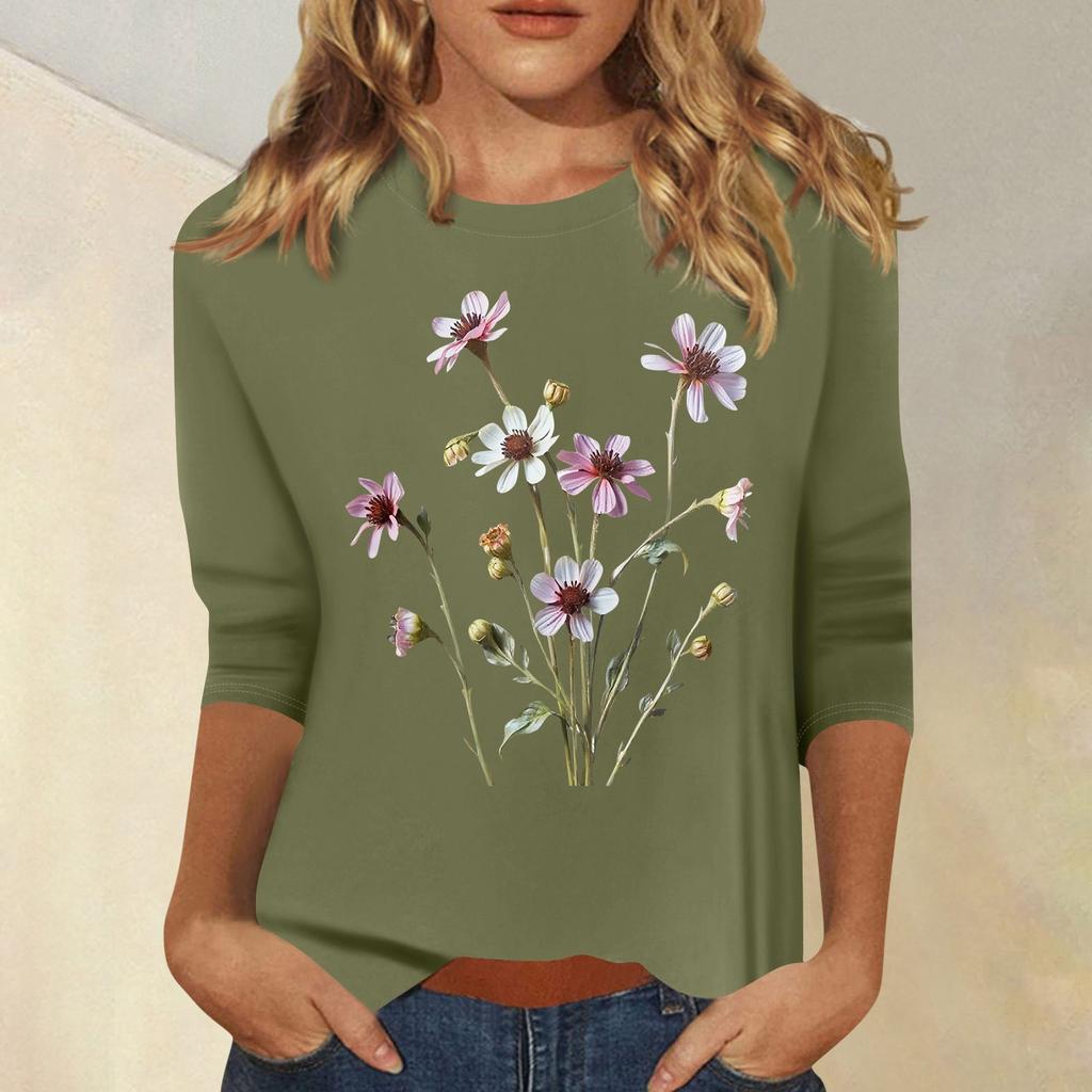 Women's Fashion Casual Printed Seven Sleeve Round Neck Top