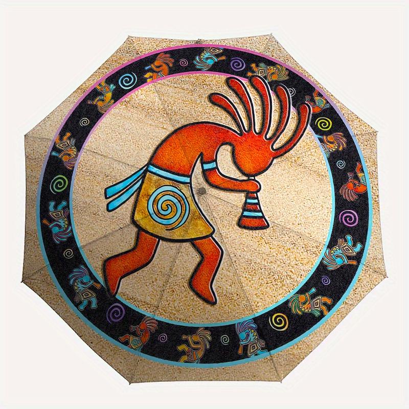 Kokopelli, Southwest Automatic Folding Umbrella 8 Ribs, Durable Iron Frame, Bright Color Pattern Compact Travel Umbrella, Suitable for Outd