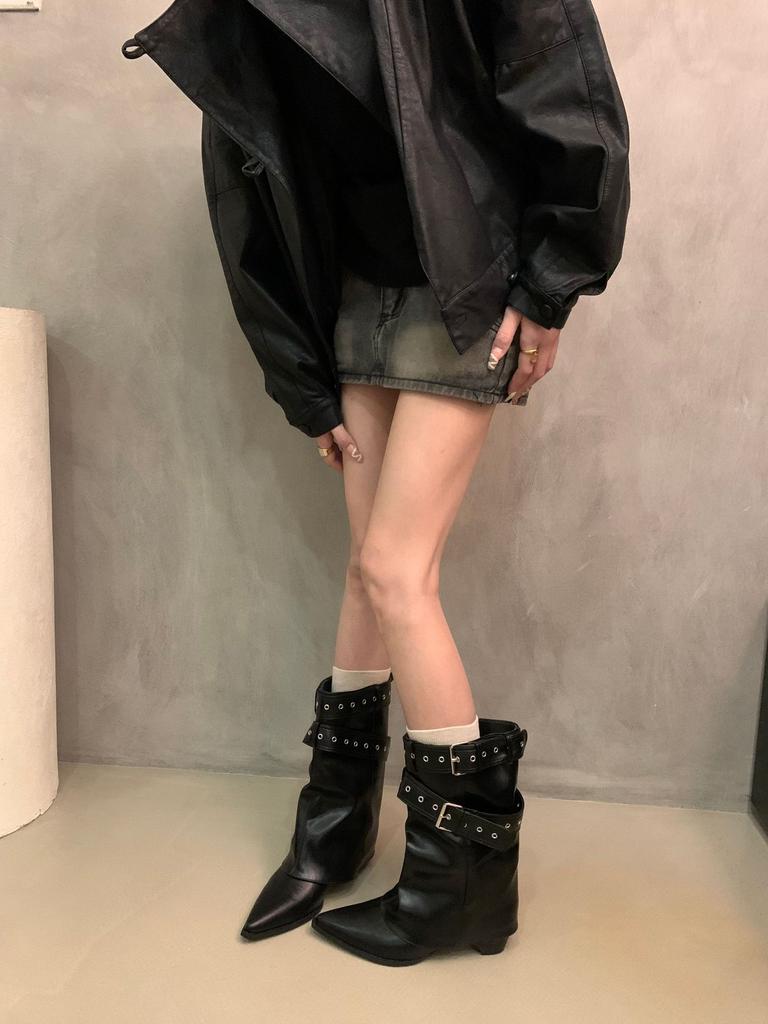 Осень-зима 2025 новая женская обувь ретро короткие сапоги женские с пряжкой острый носок милые крутые сапоги-трубы с широким голенищем тренд