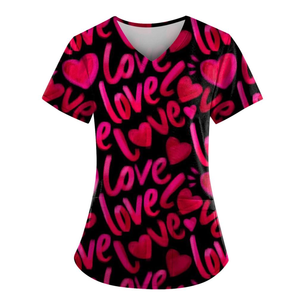 Plus Size Printed Scrub Working Uniform Tops For Women's V-Neck Short Sleeve Fun T-Shirts Workwear Tee With Pockets