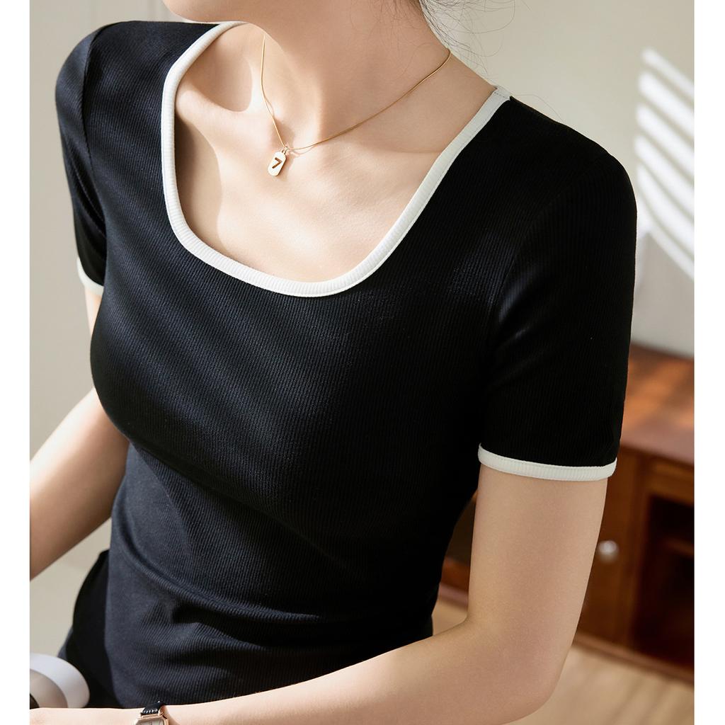 High Elastic Threaded Cotton Square Neck T-shirt Women's Short-sleeved New Retro Color Matching Tight-fitting Bottoming Shirt