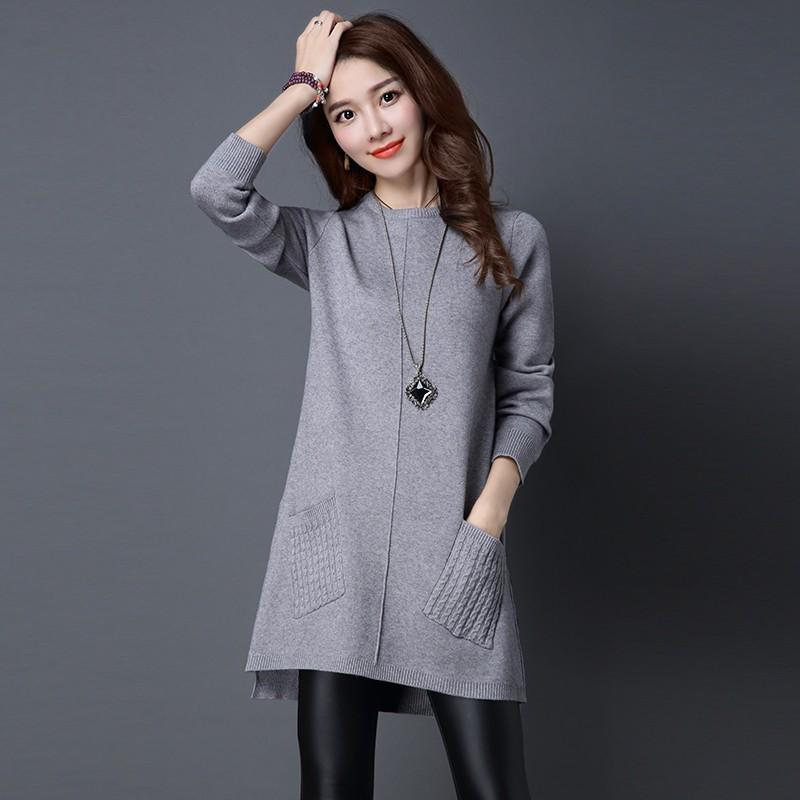 Spring Autumn and Winter Women's Mid-length Pullover Jumper Korean Version of Loose Simple Bottoming Shirt with Pockets of Knitted Jumper Dresses