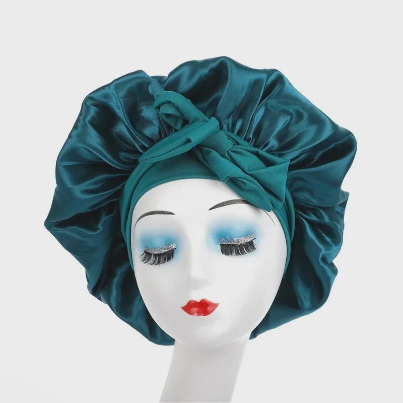High Elastic Satin Nightcap with Wide Brim & Bow for Salon Hair Care