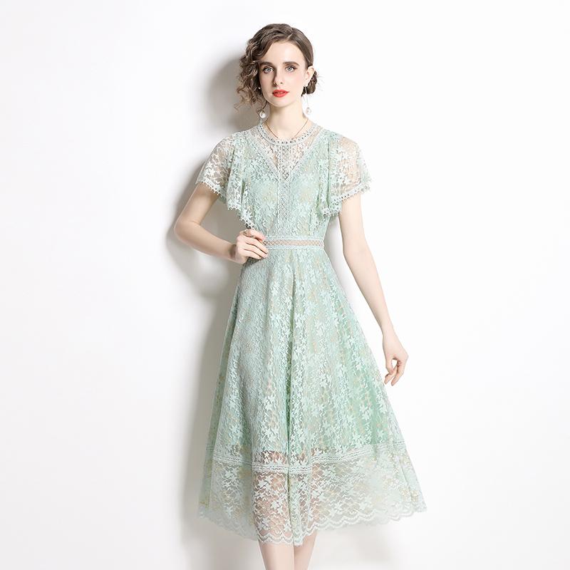 Женское зеленое кружевное вечернее платье с рукавами-крылышками, летние элегантные платья во французском стиле с вырезом и круглым вырезом, женские однотонные повседневные платья до середины икры