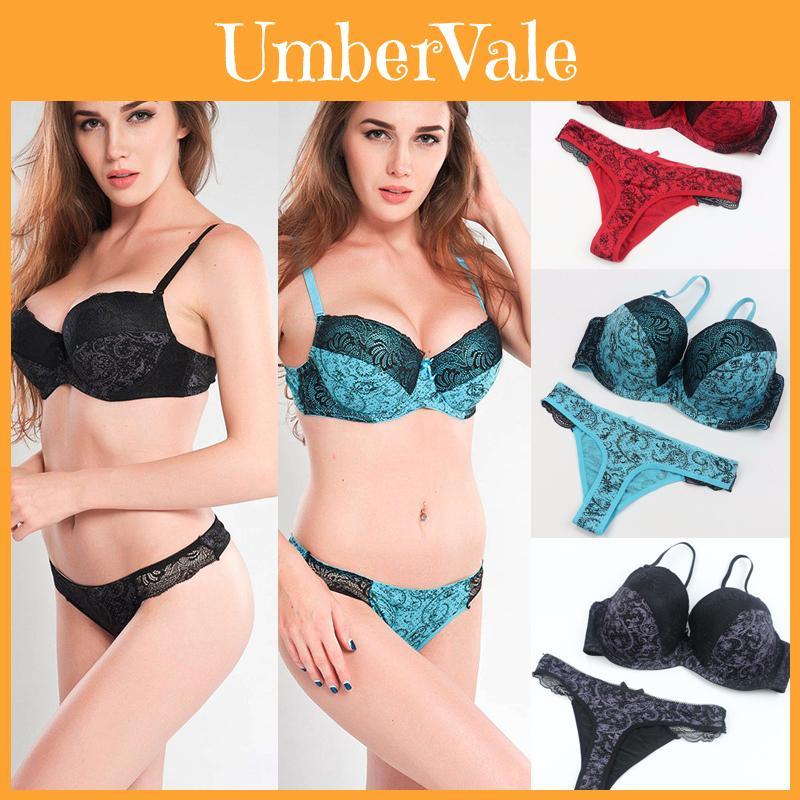 Flower Womens Lace Padded Bra Plunge Set Ladies Underwear Panties Sets Push Up