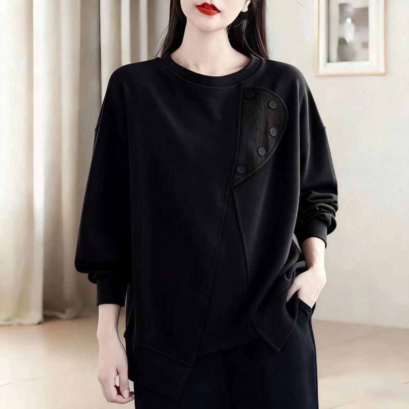 Fashionable Round Neck Pullover Women's Sweatshirt Spring Button Splicing Design Loose Long-sleeved Top Trendy