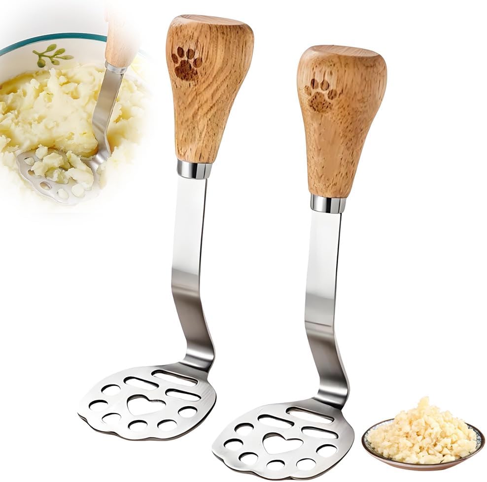 High Performance Mini Masher Set, Stainless Steel Potato Smasher Tool with Wooden Handle, Small Food Masher for Potatoes, Beans, Meat, Vegetables