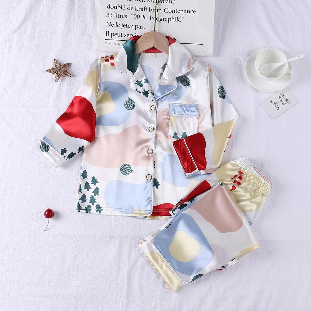 Boys Girls Silk Pajamas Short Sleeves Nightwear Spring Summer 2 Pieces Print