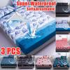 3 PCS Super Waterproof Bed Sheet Fitted Sheet Smooth Mattress Topper Deep Pocket Bed Cover Breathable Soft Bedspread Bedding (With 2 Pillowcase)