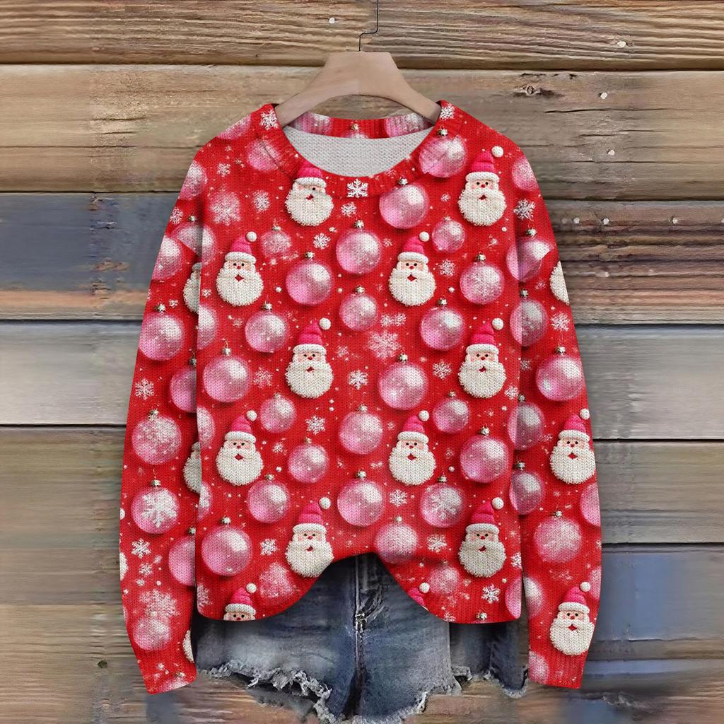 Women's Christmas Print Cardigan Long Sleeve Round Neck Knit Top
