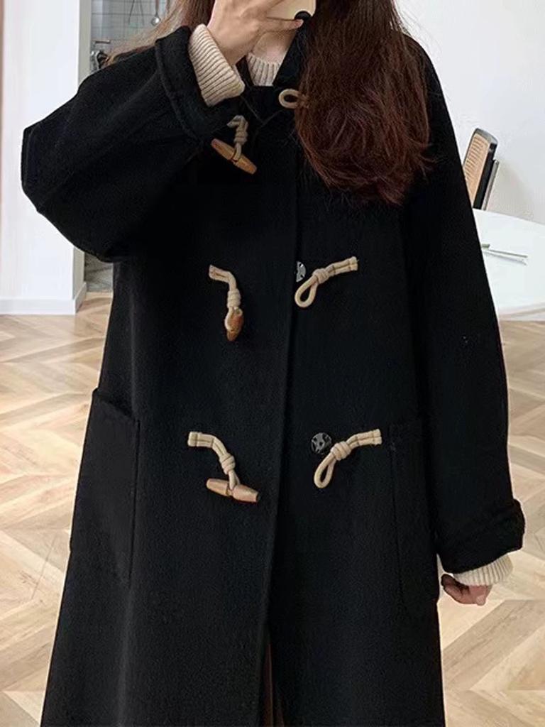 Стильное и модное однотонное шерстяное пальто с роговыми пуговицами для осени и зимы