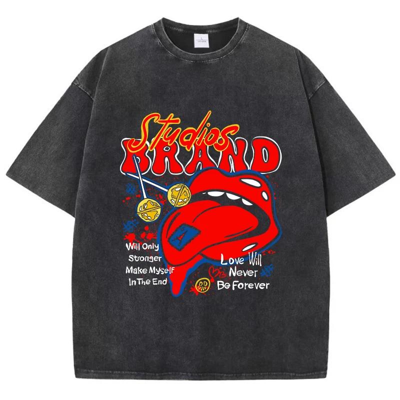 Oversized Woman Washed T-Shirts Studios Brand Print Short Sleeve Cotton Crewneck Oversize Tops Vintage Street Clothes