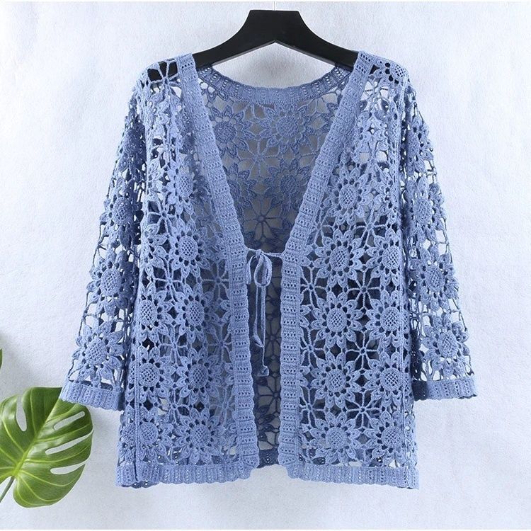 Женская трикотажная куртка с вырезами, хлопковый свободный кардиган, летняя солнцезащитная кружевная блузка с открытым передом