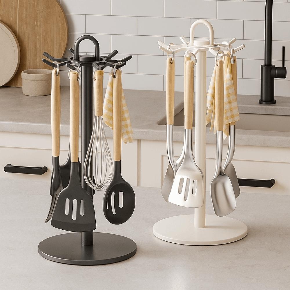 Movable Rotating Utensil Storage Rack 8 Hooks Spoon Hanging Rack Flatware Storage Rack Kitchen