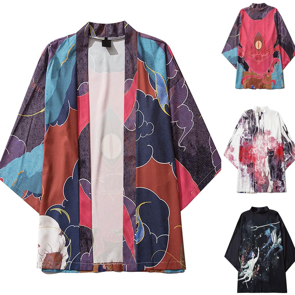 Men's Casual Loose Open Front 3/4 Sleeve Japanese Style Print Cover Up Cardigan