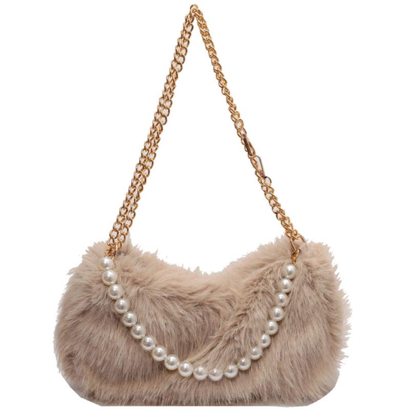 Autumn Winter Cute Plush Bag New Women's Popular Pearl Chains Crossbody Solid Color Fashion Single Shoulder Fur Pack Korean