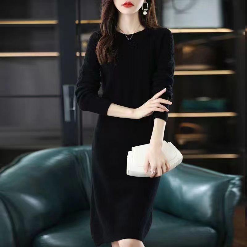 Трикотажное платье средней длины, женское осеннее и зимнее свободное платье-свитер выше колена с круглым вырезом и круглым вырезом, женское платье-свитер с длинными рукавами