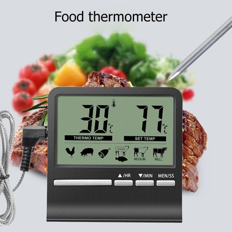 Electronic LCD Digital Food Thermometer BBQ Meat Probe Thermometer with Timer Alarm Function Kitchen Cooking Temperature Tester