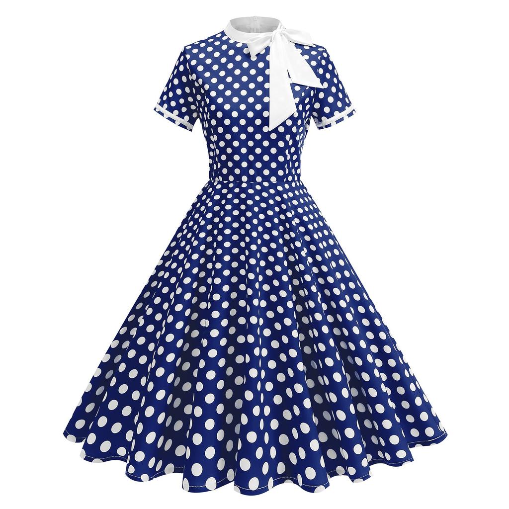 Women's Fashionable Fresh Polka Dot Long And Long Swing Retro Dress