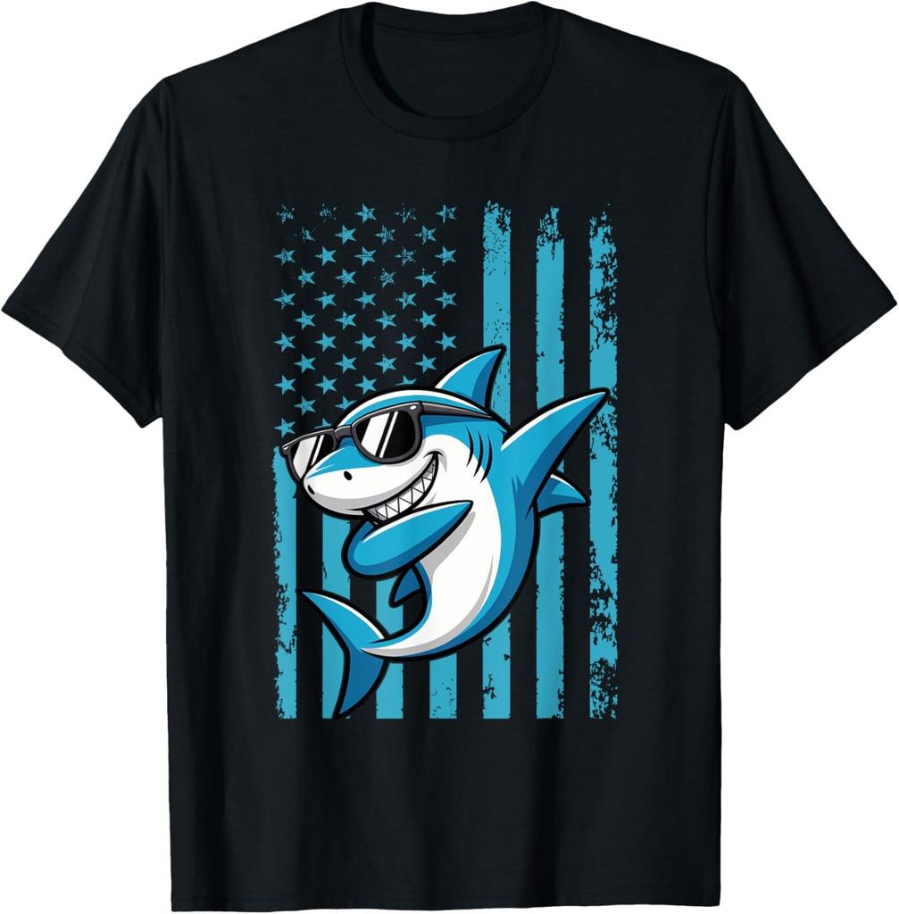 Cool Shark Retro American Flag Dabbing Shark Fun Unisex T-Shirt