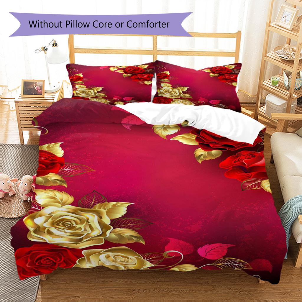 Golden Flower Pattern Bedding Quilt Set Quilt Cover Pillowcase Home Decoration Gift (1 * duvet cover + 2 * pillowcase, without core)