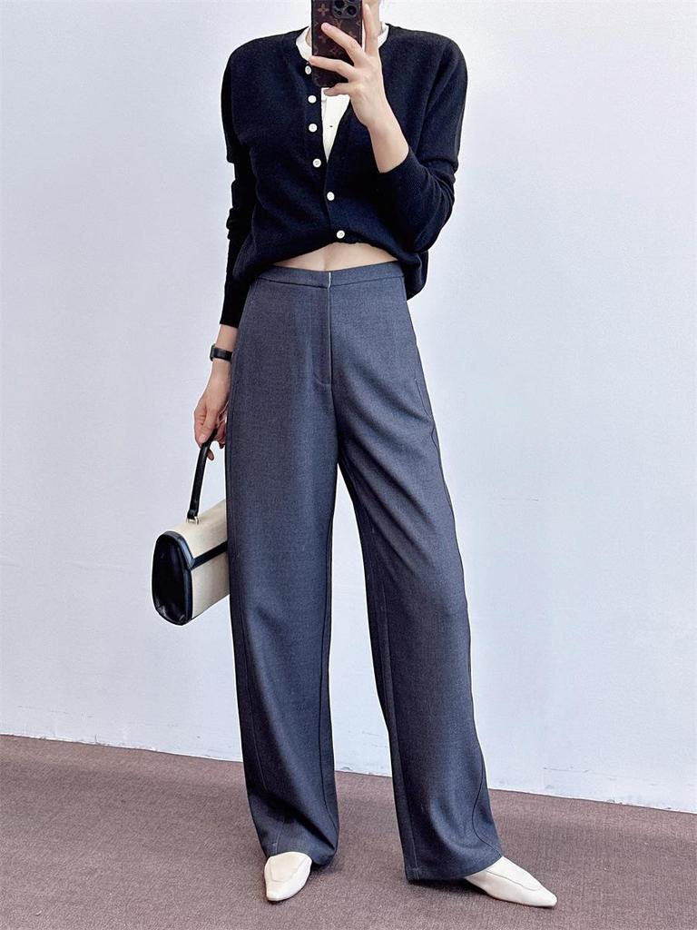 Ladies' Luxury Wool-Blend Wide-Leg Trousers: Elegant Old Money Style for Spring, Autumn, and Winter