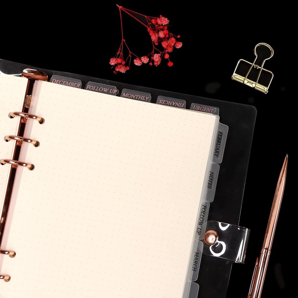 Multibey A5 Binder with Translucent Dividers, 6-Ring Plastic Binder Index for Planner Journal (5 Vertical + 12 Side Tabs + Tab Stickers)
