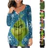 Women's Fashion Christmas Printing Button Collar V-neck Long Sleeve Casual Top