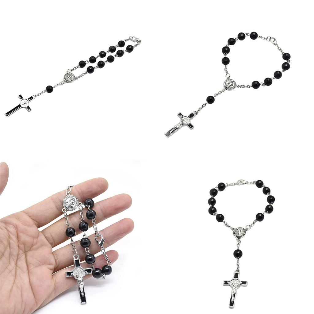 Fashion Simple Dangle Cross Bracelet Black Beads Jesus Pendant Bracelet for Women Anniversary Couple Jewelry Presents