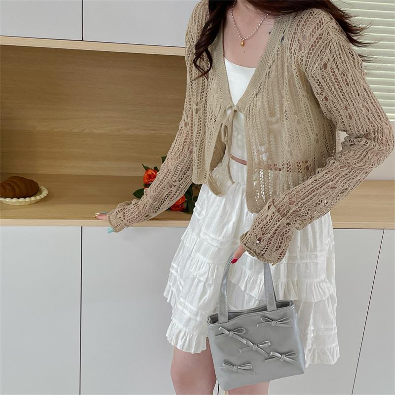 Summer Women's Knitted Shawl Sweaters Lady Hollow Out Tie Up Air-conditioned Shirt Mesh Thin See Through Look Long Sleeve Loose Tops Sunscreen Shirt