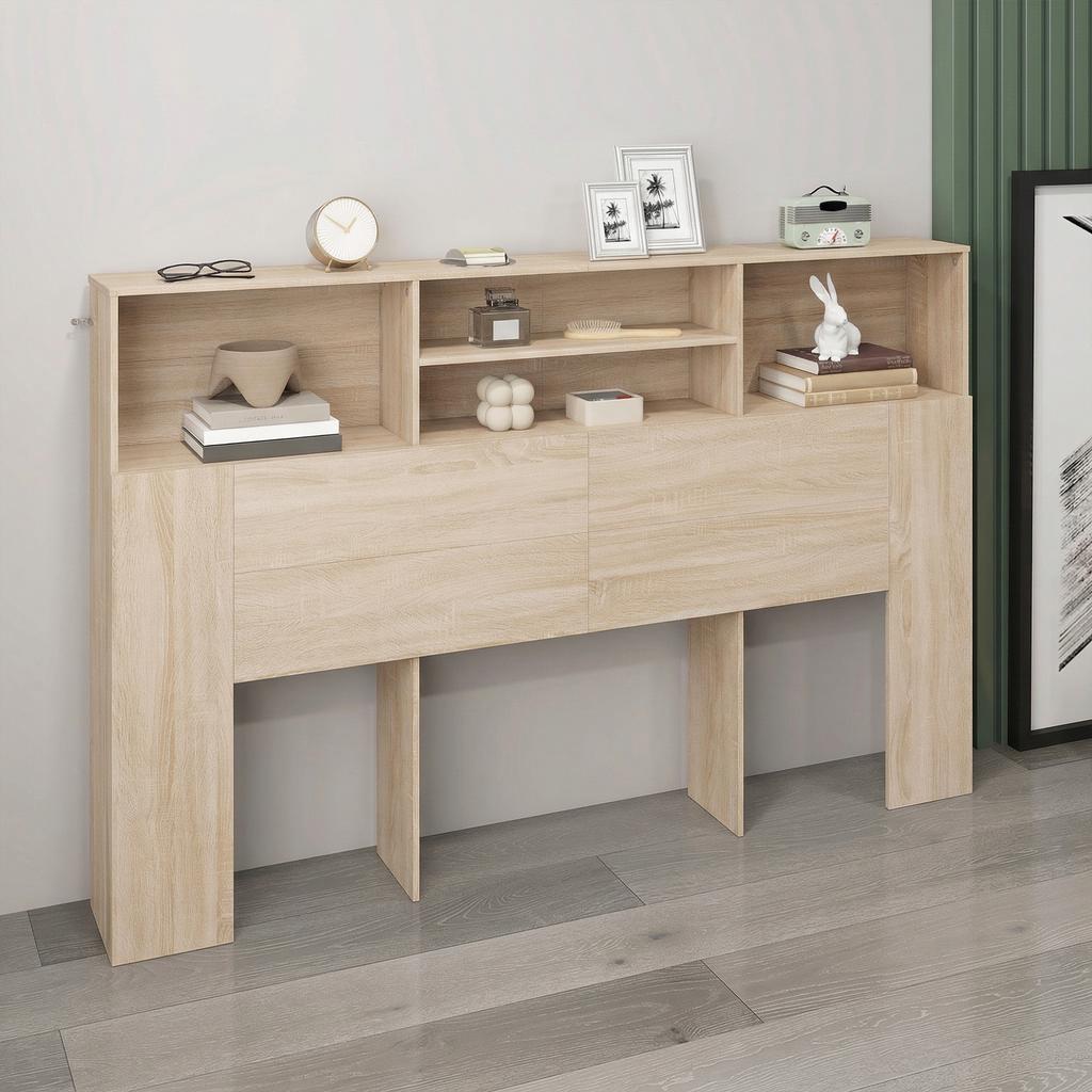 Freestanding Headboard with Storage, 4 Open Compartments, 160 x 20.2 x 108.2 cm, Natural Wood