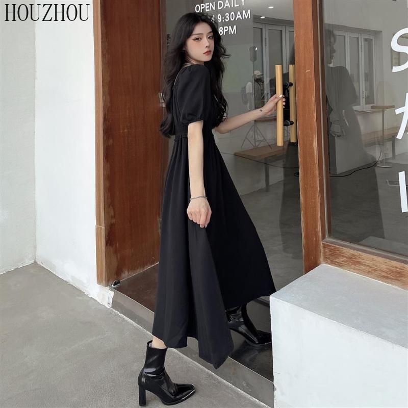 HOUZHOU черное платье с короткими рукавами, женское милое кавайное летнее корейское элегантное платье миди с высокой талией и квадратным воротником