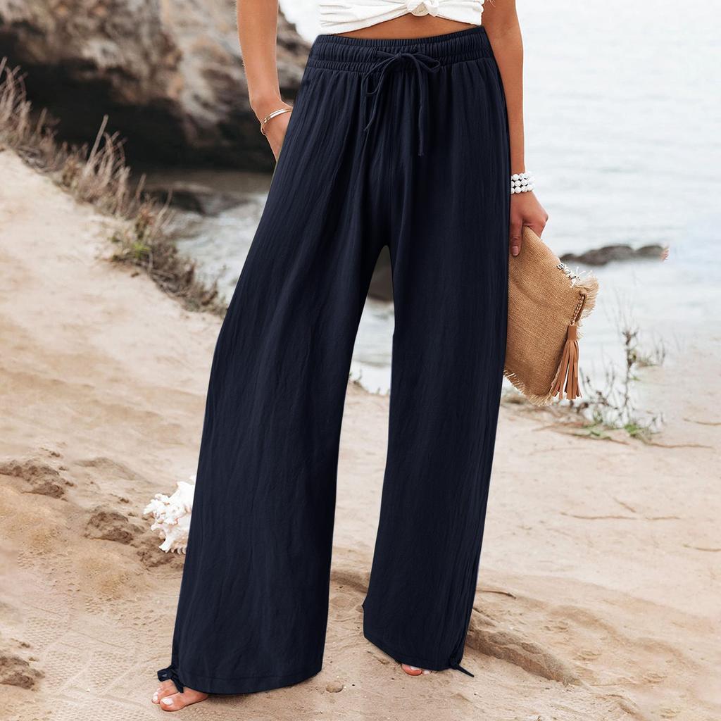 Women's 9-pant Casual Loose High Waist Cotton Linen Wide Leg Long Pants With Pockets