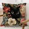 Vintage Floral Black Cat Throw Pillow Cover, Dark Academia Botanical Cat Art Print Decorative Cushion For Living Room Couch