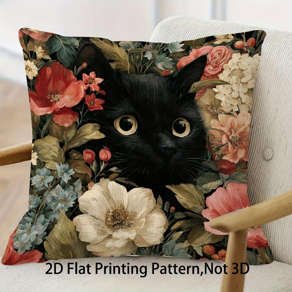 Vintage Floral Black Cat Throw Pillow Cover, Dark Academia Botanical Cat Art Print Decorative Cushion For Living Room Couch