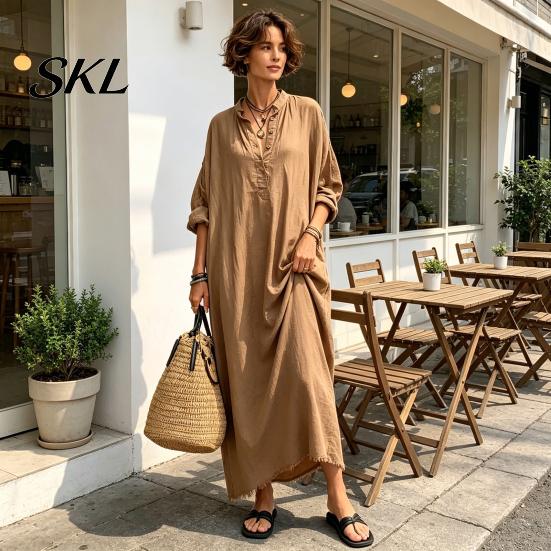 Casual Dress Summer Maxi for Women, V-Neck Oversized Boho Long Women Dress, Sleeve Button Up Vacation Sundress with Pockets Party