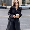 Women's Mid-Length Black Trench Coat - Korean & British Style, Plus Size & Petite, Over-the-Knee, Perfect for Spring & Autumn 2025