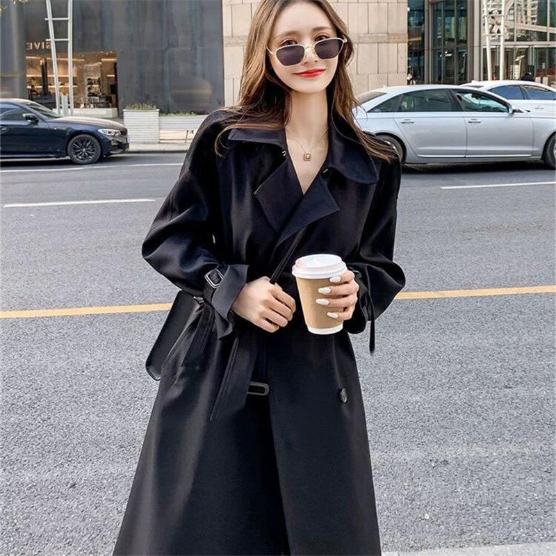 Women's Mid-Length Black Trench Coat - Korean & British Style, Plus Size & Petite, Over-the-Knee, Perfect for Spring & Autumn 2025