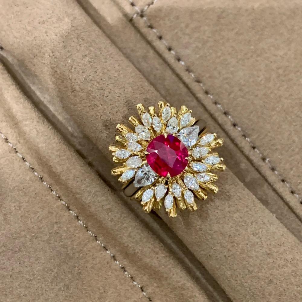 Vintage French Inspired Red Ruby Open Ring Italian Luxury Diamond Firework Stackable Rings for Women Jewelry