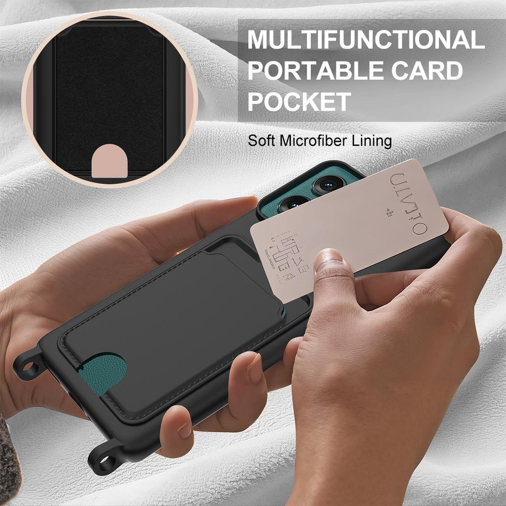 Для Motorola Edge 50 5G Чехол из жидкого силикона Задняя крышка телефона с держателем для карт и коротким ремешком