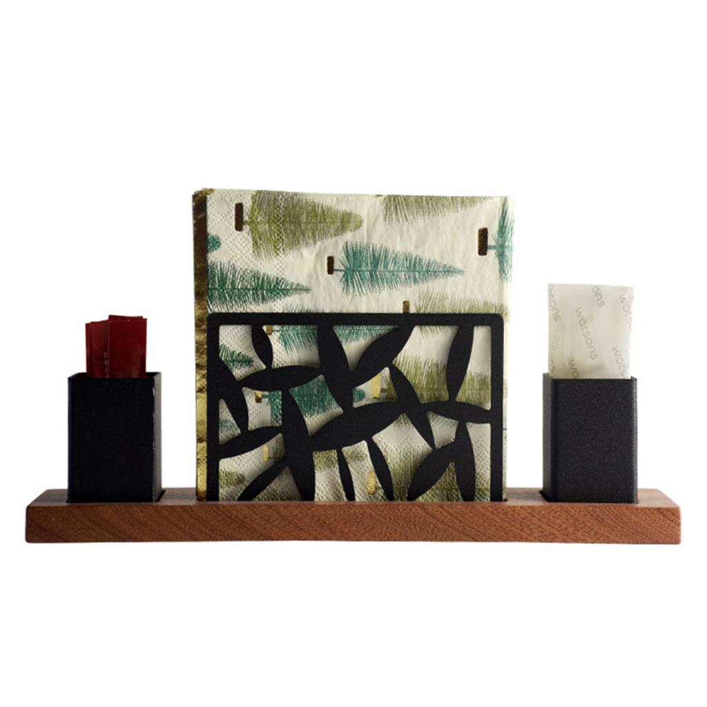 Square Tissue Dispenser Stainless Steel Napkin Paper Organizer with Wood Base Paper Towel Storage Rack for Kitchen