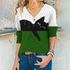 V-neck 3D Cat Printed Fashionable Casual Long Sleeved Women's T-shirts - Soft Medium Stretch Polyester Fabric Spring and Autumn Relaxed Fit Clothing