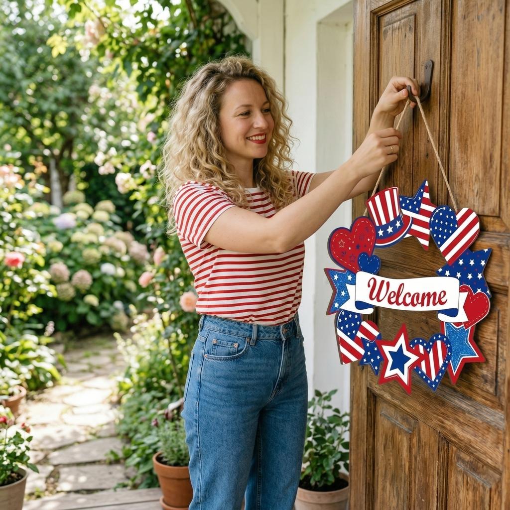 4th Of Welcome Door Sign, Patriotic Red Blue Wooden Hanging Decor