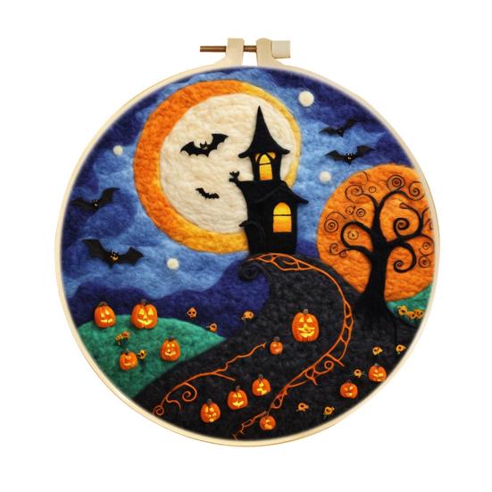 Halloween Needle Felting Kit Beginner Felt Craft Set DIY Felt Painting with Faux Wool Needle Frame Stamped Fabric for Adults Handcraft Lovers