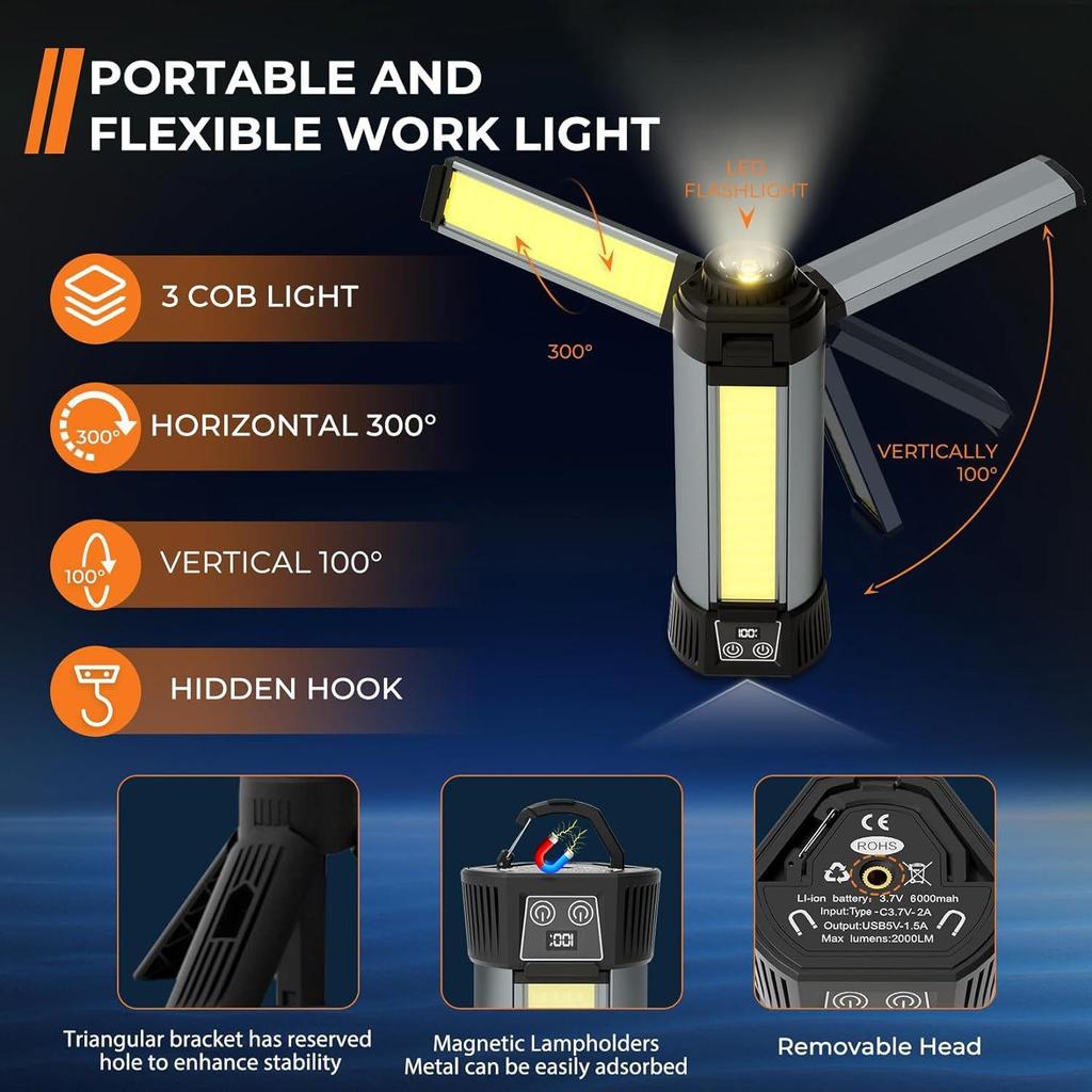 Кемпинговый фонарь COB LED с высокой яркостью: Выдвижная удочкодержатель и кронштейн для уличной рыбалки, многофункциональное использование