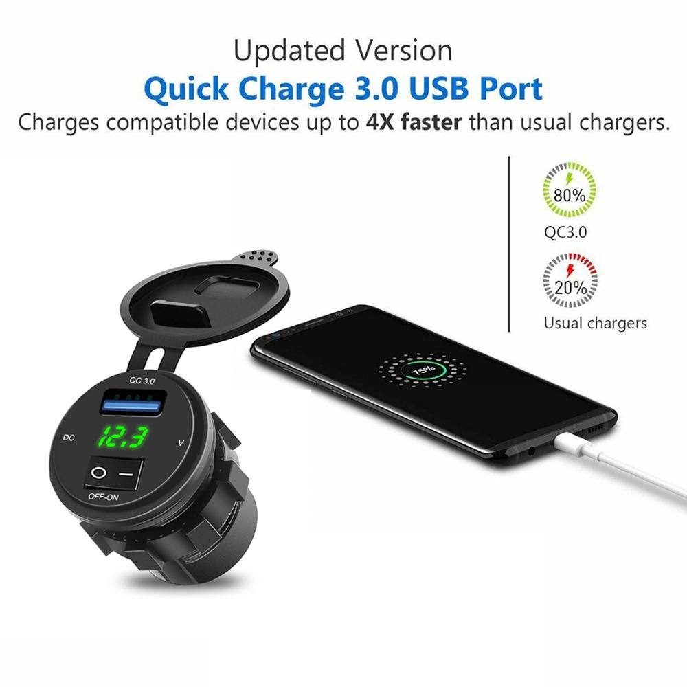 18W Car Phone Charger Socket with Digital Display Voltmeter QC 3.0 Fast Charger Adapter with ON-OFF Switch