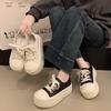 2025 Spring New Versatile Round Head Thick Sole Popular Muffin Canvas Shoes Women's Height Increase Big Head Casual Board Shoes
